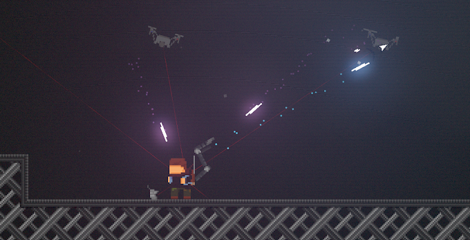 The player being attacked by drones in a typical Project Prometheus level